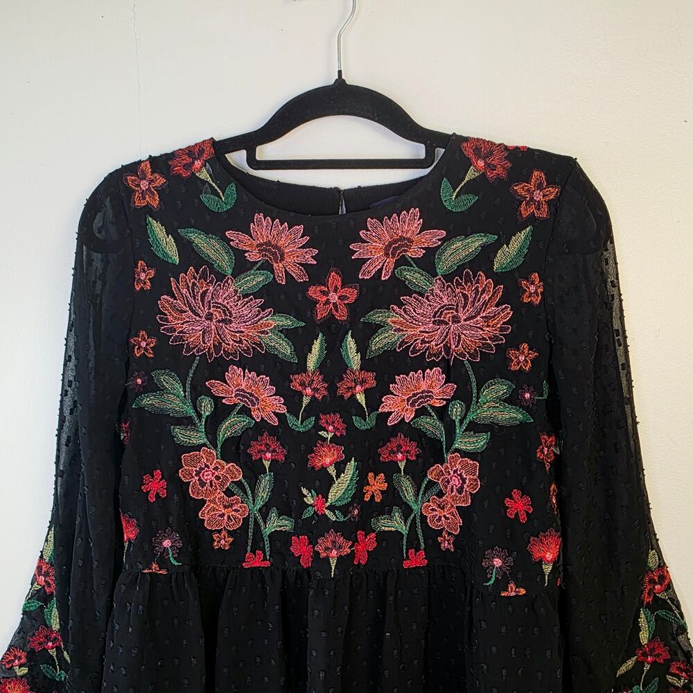 American Eagle Outfitters Blouse Small Black Floral Embroidered Boho Peplum - Picture 4 of 12